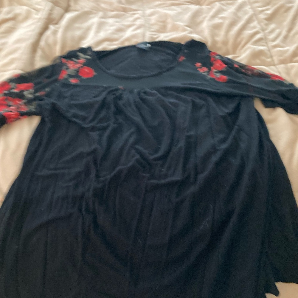 Black Top with Red Floral Accents